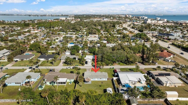 bird's eye view featuring a water view