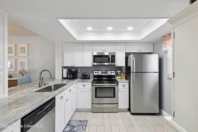 kitchen featuring appliances with stainless steel finishes, white cabinetry, a raised ceiling, and sink