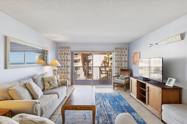 living room with light hardwood / wood-style flooring and a textured ceiling