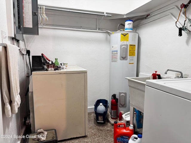 laundry area with washer / dryer, electric water heater, and electric panel