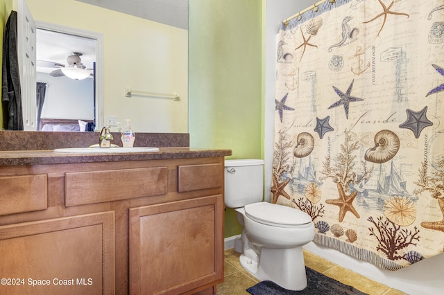 bathroom with tile patterned floors, walk in shower, vanity, ceiling fan, and toilet