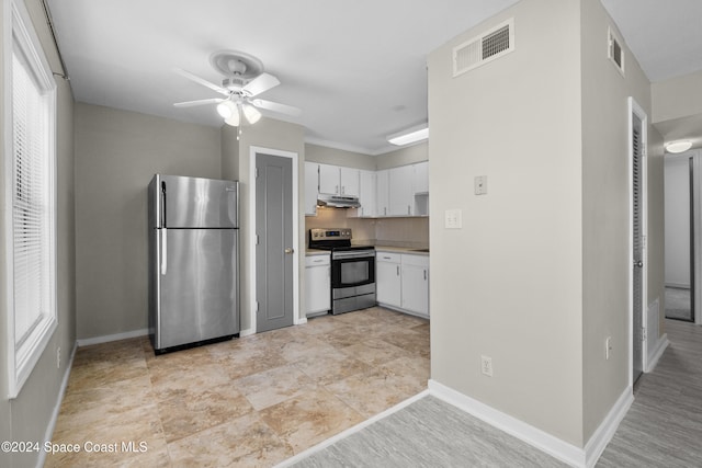 kitchen featuring backsplash, stainless steel appliances, white cabinetry, and ceiling fan