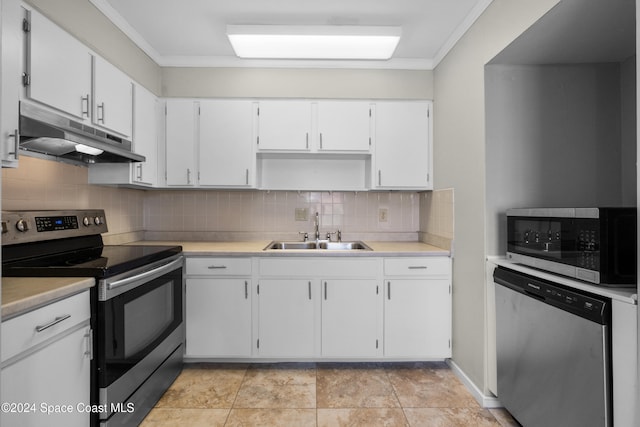 kitchen featuring white cabinets, crown molding, sink, decorative backsplash, and stainless steel appliances