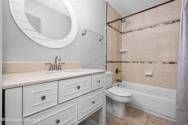 full bathroom with tile patterned flooring, vanity, toilet, and shower / bathtub combination with curtain