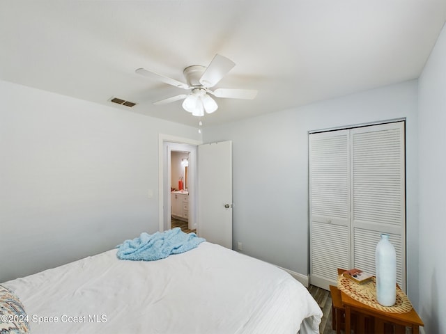 bedroom featuring a closet and ceiling fan