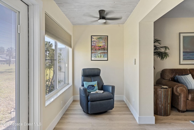 living area featuring ceiling fan and light hardwood / wood-style flooring