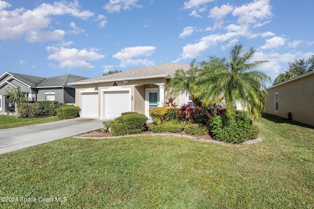 single story home featuring a garage and a front lawn