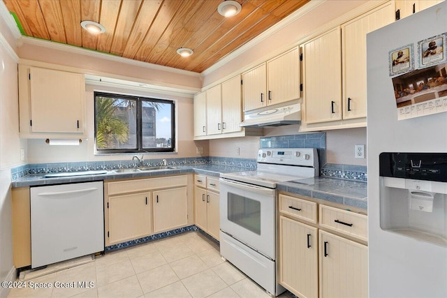 kitchen featuring light tile patterned flooring, sink, wood ceiling, ornamental molding, and white appliances