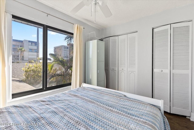 bedroom featuring multiple closets, ceiling fan, dark wood-type flooring, and a textured ceiling