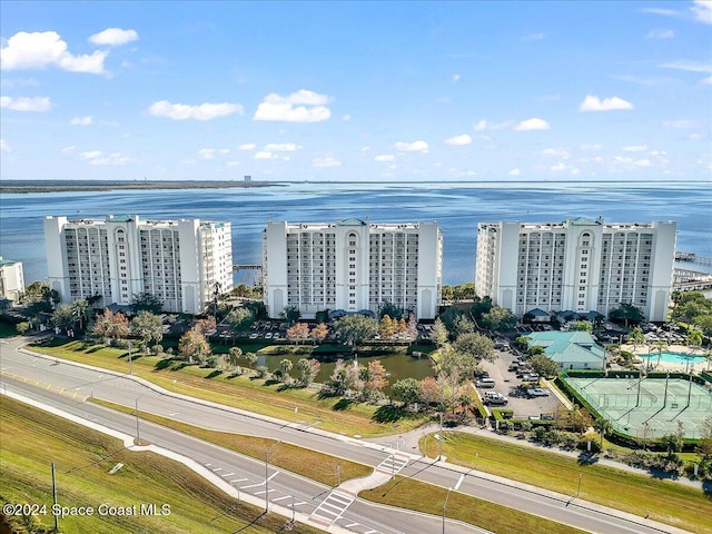 drone / aerial view with a water view