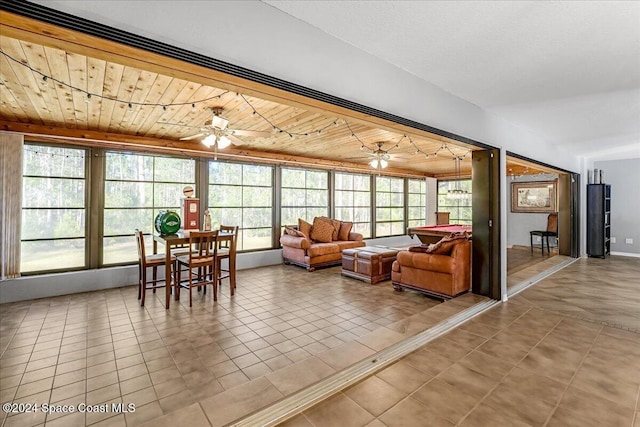 interior space with ceiling fan, wooden ceiling, and billiards