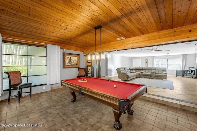 rec room with tile patterned floors, ceiling fan, wood ceiling, and billiards