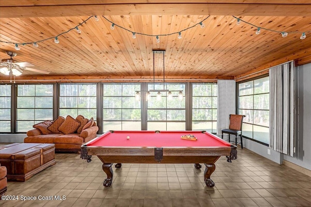 playroom with ceiling fan, wood ceiling, and pool table