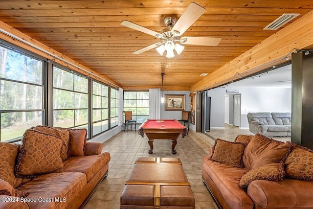 playroom featuring ceiling fan, wooden ceiling, and billiards