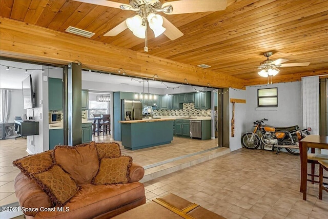 living room featuring ceiling fan and wood ceiling