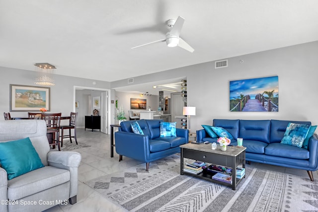 living room featuring ceiling fan