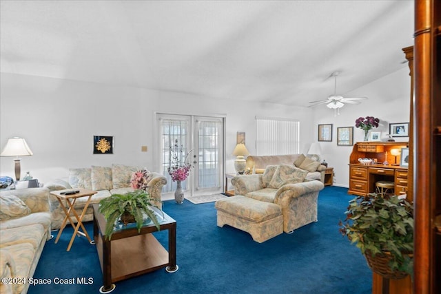 living room featuring ceiling fan, dark carpet, lofted ceiling, and french doors