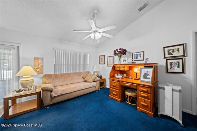 carpeted office space with a textured ceiling, high vaulted ceiling, and ceiling fan