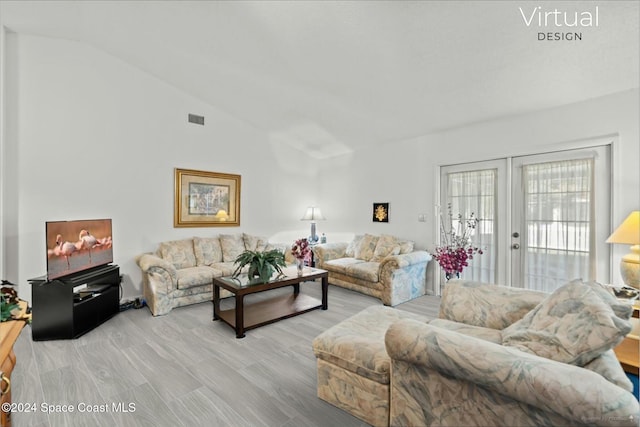 living room featuring french doors, vaulted ceiling, and light wood-type flooring