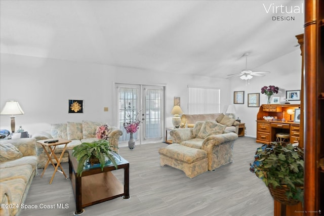 living room with french doors, light wood-type flooring, ceiling fan, and lofted ceiling