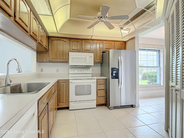 kitchen with ceiling fan, sink, light tile patterned floors, and white appliances