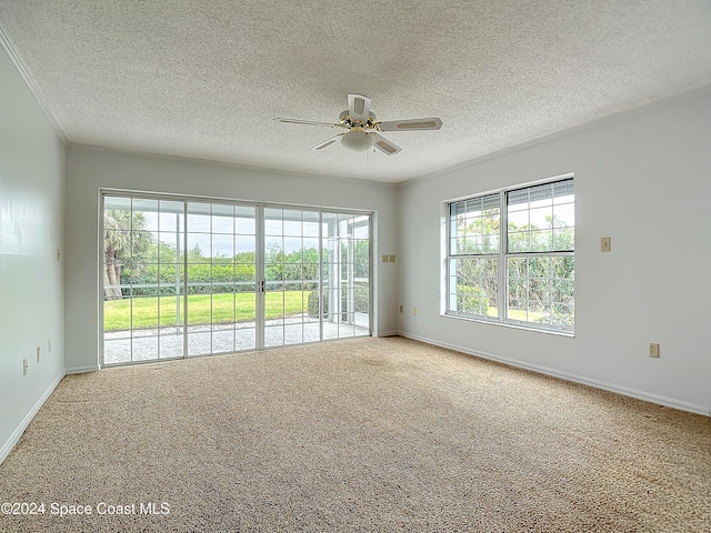 carpeted empty room with ceiling fan, ornamental molding, and a textured ceiling