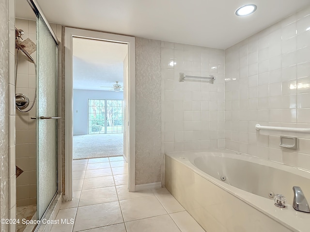 bathroom featuring tile patterned floors, ceiling fan, and separate shower and tub