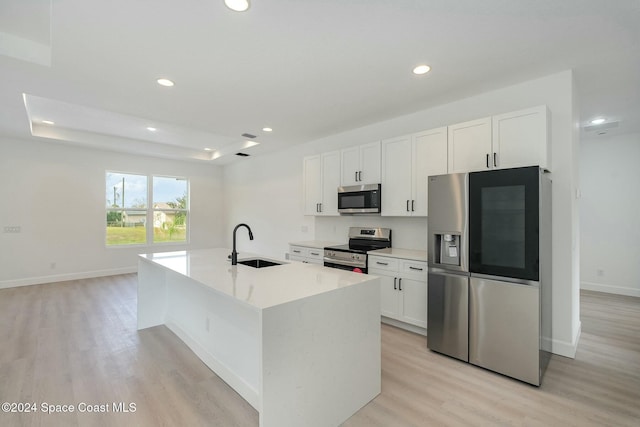 kitchen with white cabinetry, sink, stainless steel appliances, a tray ceiling, and a center island with sink