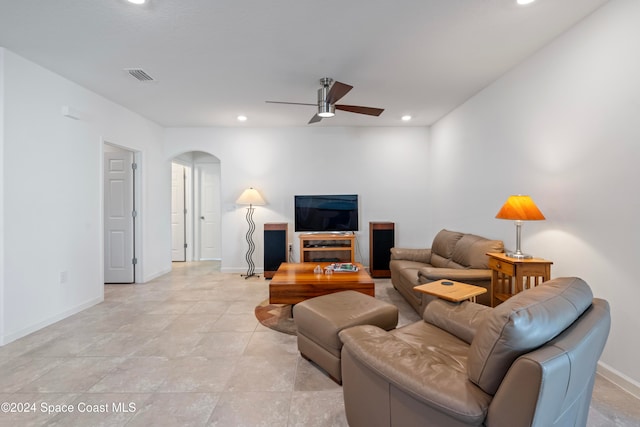 living room with ceiling fan