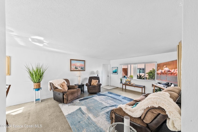 carpeted living room featuring a textured ceiling