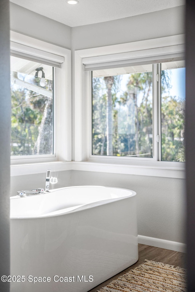 bathroom with hardwood / wood-style floors, a tub to relax in, and a wealth of natural light