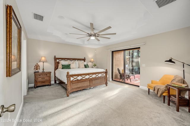 carpeted bedroom featuring access to outside and ceiling fan