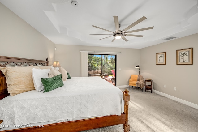 bedroom featuring access to exterior, carpet flooring, and ceiling fan