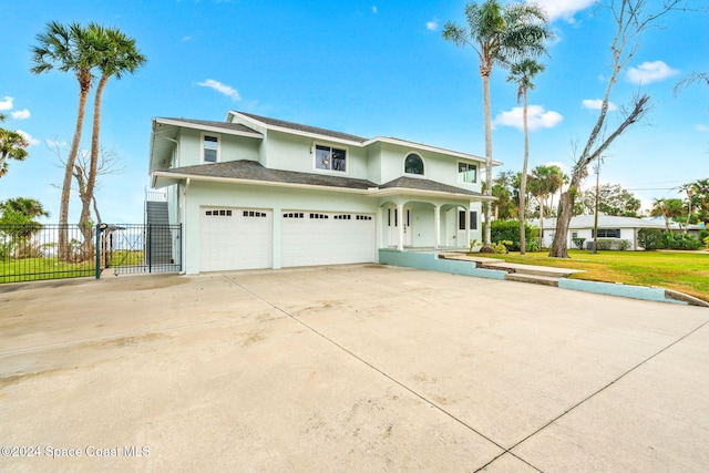100 Bonita St, Titusville, FL 32780 - view of front of property with stucco siding, concrete driveway, an attached garage, covered porch, and a gate