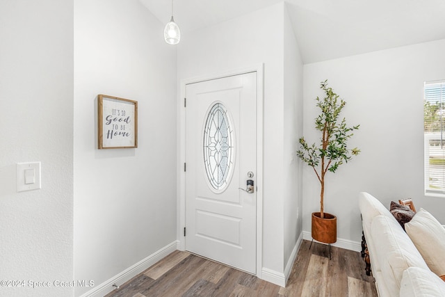 foyer with hardwood / wood-style floors and lofted ceiling