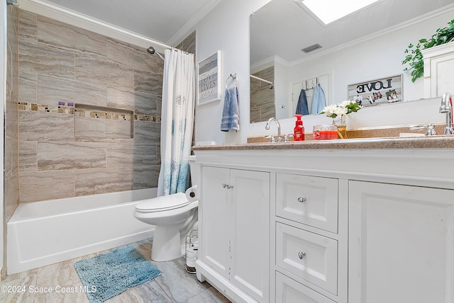 full bathroom featuring vanity, shower / bath combination with curtain, toilet, and ornamental molding