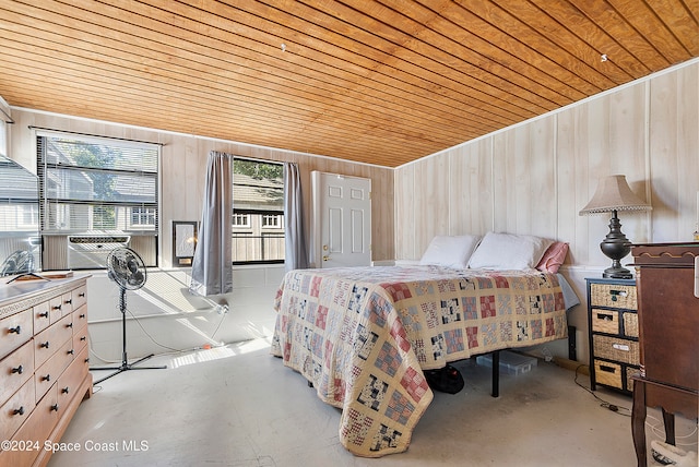 bedroom with wooden walls, cooling unit, and wooden ceiling