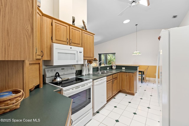 kitchen featuring pendant lighting, sink, white appliances, lofted ceiling, and kitchen peninsula