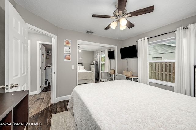 bedroom featuring a textured ceiling, ceiling fan, a closet, and dark hardwood / wood-style floors