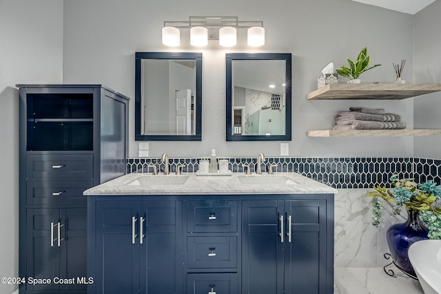 bathroom featuring vanity, tile walls, and vaulted ceiling