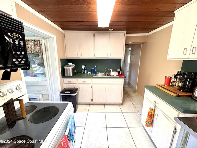 kitchen with electric stove, crown molding, sink, light tile patterned flooring, and wood ceiling