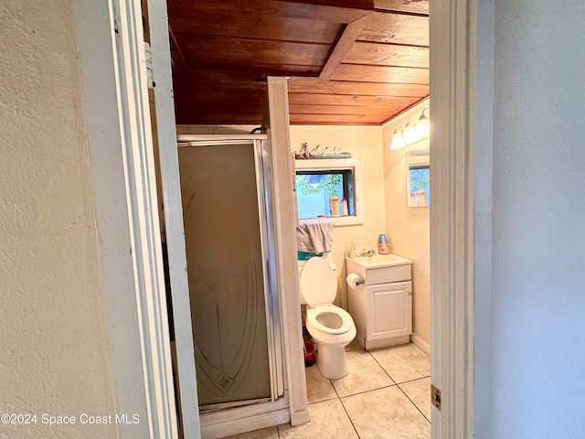 bathroom featuring wooden ceiling, walk in shower, tile patterned flooring, toilet, and vanity