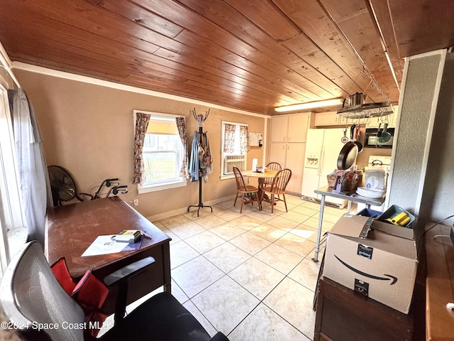 interior space with crown molding, cooling unit, and wooden ceiling