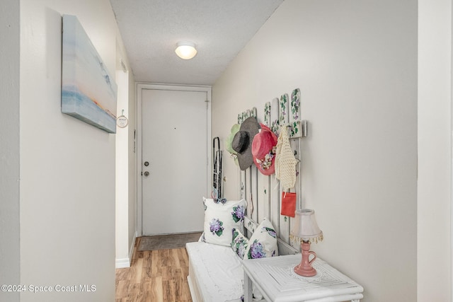 mudroom with light hardwood / wood-style floors and a textured ceiling