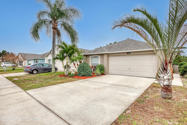 ranch-style home featuring a garage and a front lawn