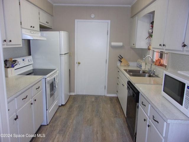 kitchen with white appliances, white cabinets, ventilation hood, sink, and ornamental molding