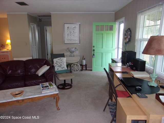 carpeted living room featuring ornamental molding