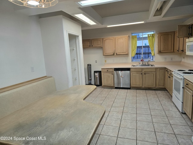 kitchen featuring white appliances, sink, light tile patterned floors, light brown cabinets, and a chandelier