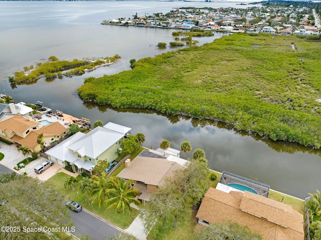 drone / aerial view featuring a water view