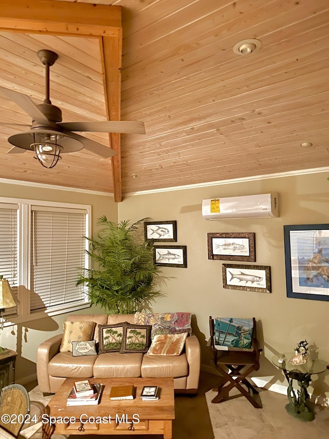 tiled living room featuring a wall mounted AC, ceiling fan, and wooden ceiling